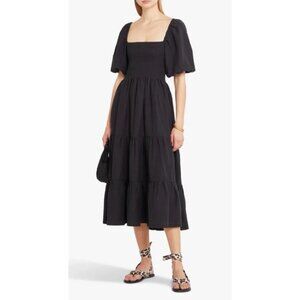 OPT OnePrettyTime Midi Dress L Black Pockets Smocked Puff Sleeves Flax Linen NEW
